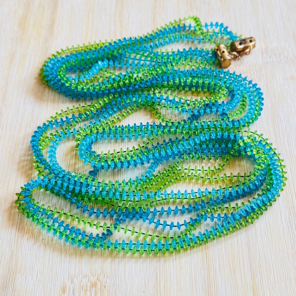 VTG Retro 60s Lucite necklace blue green beads Extra Long Statement multi‎ 48"